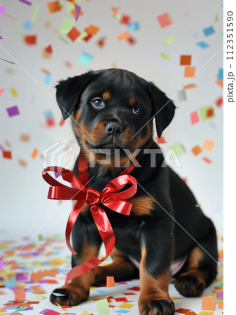 Advertising portrait of a sad rottweiler puppy advertising shot. A brown dog with red bow looks sadly sitting and colored confetti at the background Advertising portrait of a sad rottweiler puppy advertising shot. A brown dog with red bow looks sadly sitting and colored confetti at the background 112351590