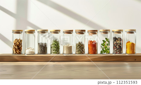 Set of colorful glass jars with spices on wooden shelf. Different flavor, taste and type of spices and bulk solids with white wall at the background 112351593