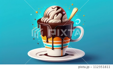 Delicious chocolate ice cream coffee dessert served in cup on pastel background, ready to be enjoyed. For advertising, banner, relaxation, menu, dessert, culinary or cafe themed content. Copy space. 112351811