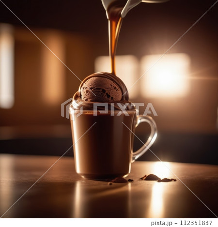 Luxurious and tempting process of pouring rich and creamy chocolate into cup with ice cream, coffee. For advertising, banner, relaxation, menu, dessert, culinary or cafe themed content. Copy space. 112351837