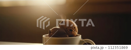 Delicious cup of ice cream sits on table in front of window, basking in natural light. For advertising, banner, relaxation, lifestyle, menu, food, dessert, culinary or cafe themed content. Copy space. 112351869