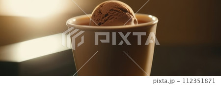 Delicious cup of ice cream sits on table in front of window, basking in natural light. For advertising, banner, relaxation, lifestyle, menu, food, dessert, culinary or cafe themed content. Copy space. 112351871