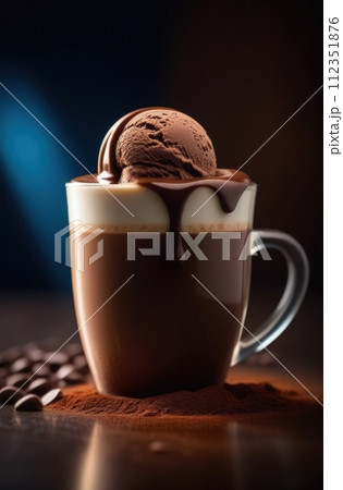 Delicious cup of ice cream sits on table in front of window, basking in natural light. For advertising, banner, relaxation, lifestyle, menu, food, dessert, culinary or cafe themed content. Copy space. Delicious cup of ice cream sits on table in front of window, basking in natural light. For advertising, banner, relaxation, lifestyle, menu, food, dessert, culinary or cafe themed content. Copy space. 112351876