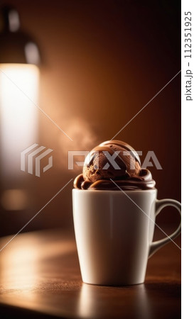 Delicious cup of ice cream sits on table in front of window, basking in natural light. For advertising, banner, relaxation, lifestyle, menu, food, dessert, culinary or cafe themed content. Copy space. 112351925