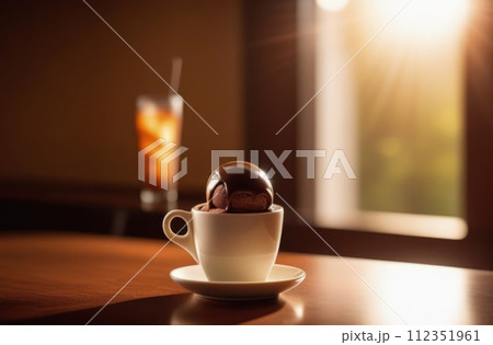 Creamy treat promises moment of sweet indulgence against backdrop of serene outdoor views. For advertising, banner, relaxation, lifestyle, menu, dessert, culinary or cafe themed content. Copy space. Creamy treat promises moment of sweet indulgence against backdrop of serene outdoor views. For advertising, banner, relaxation, lifestyle, menu, dessert, culinary or cafe themed content. Copy space. 112351961