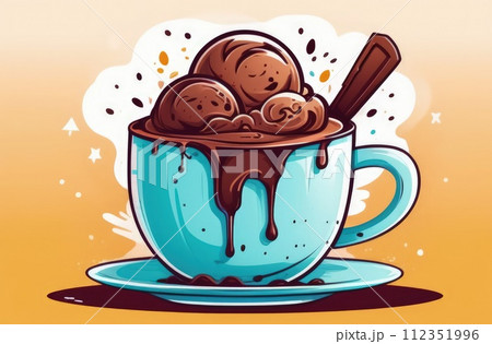 Delicious chocolate ice cream coffee dessert served in cup on pastel background, ready to be enjoyed. For advertising, banner, relaxation, menu, dessert, culinary or cafe themed content. Copy space. Delicious chocolate ice cream coffee dessert served in cup on pastel background, ready to be enjoyed. For advertising, banner, relaxation, menu, dessert, culinary or cafe themed content. Copy space. 112351996
