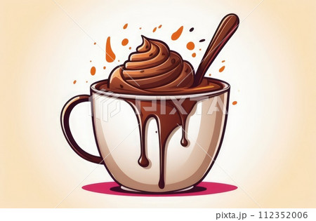 Delicious chocolate ice cream coffee dessert served in cup on pastel background, ready to be enjoyed. For advertising, banner, relaxation, menu, dessert, culinary or cafe themed content. Copy space. 112352006