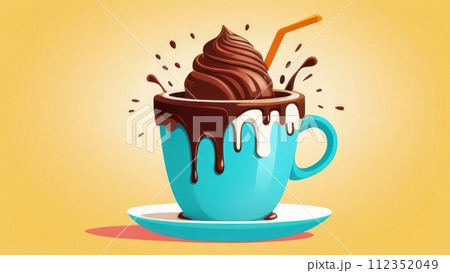 Delicious chocolate ice cream coffee dessert served in cup on pastel background, ready to be enjoyed. For advertising, banner, relaxation, menu, dessert, culinary or cafe themed content. Copy space. Delicious chocolate ice cream coffee dessert served in cup on pastel background, ready to be enjoyed. For advertising, banner, relaxation, menu, dessert, culinary or cafe themed content. Copy space. 112352049