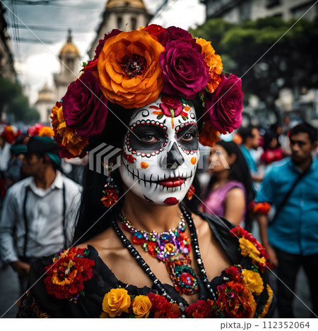 AI-generated content. An individual with their face painted in the style of La Catrina, Day of the Dead. 112352064
