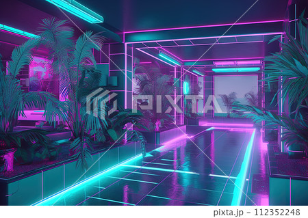 Neon lightened hotel lobby in synthwave style....のイラスト素材 [112352248 ...