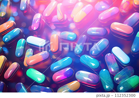 Background with pills and capsules in neon blue and purple colors. Medical drug or dietary supplement concept. Generated AI. 112352300