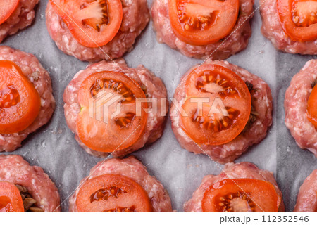 Delicious baked meat boats with mushrooms, cheese, salt and spices Delicious baked meat boats with mushrooms, cheese, salt and spices 112352546