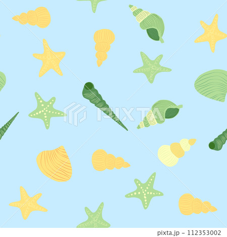 Seamless pattern with starfish, corals, pearls and seashells. Vector background with marine theme. 112353002