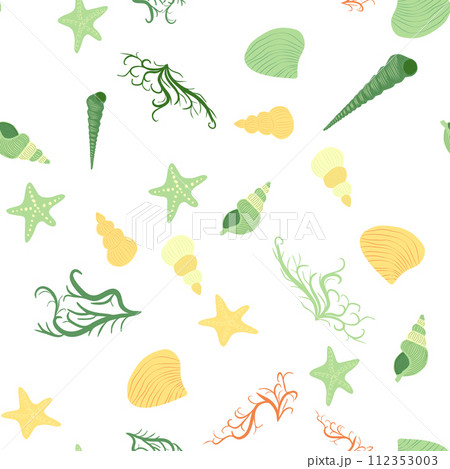 Seamless pattern with starfish, corals, pearls and seashells. Vector background with marine theme. Seamless pattern with starfish, corals, pearls and seashells. Vector background with marine theme. 112353003