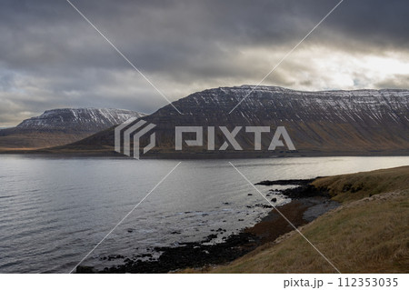 Atlantic ocean coast and mountains, Westfjords, Iceland 112353035