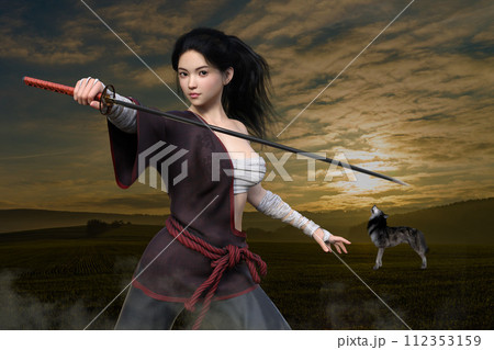 刀を構える女戦士と遠吠えをするオオカミ 112353159