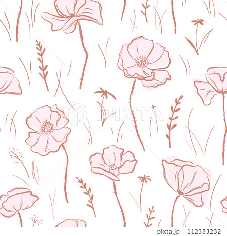 Simple hand drawn poppy flowers on white background. Seamless pattern for fabric, home textile, cover, wrapping paper 112353232