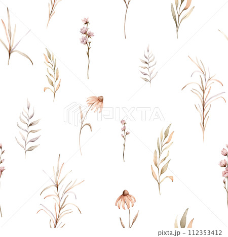 seamless pattern with watercolor botanical autumn illustration echinacea branches flowers. Autumn floral illustration. Fall vibes. Hand painted drawing isolated background. floral herds pastel color 112353412