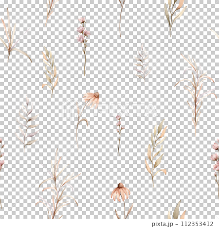 seamless pattern with watercolor botanical autumn illustration echinacea branches flowers. Autumn floral illustration. Fall vibes. Hand painted drawing isolated background. floral herds pastel color 112353412