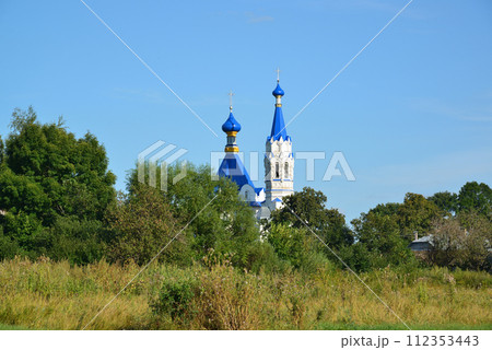 Rural landscape with Church of St. Dmitry Solunsky in the village Korobovka 112353443