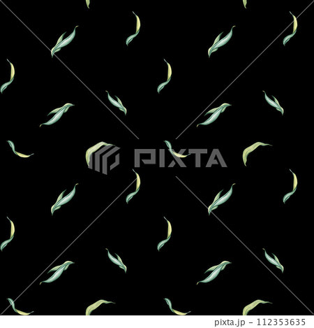 Watercolor Seamless Pattern fresh Foliage weeping Willow Tree. Nature Landscape, simple Tree Branches with green Leaves isolated on white. Hand drawn botanical illustration green tones 112353635