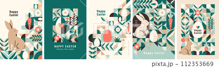 Happy Easter vector background. Modern geometric minimal abstract style with rabbits, geometric elements, eggs, plants flowers. Cute spring holiday minimalist concept for poster, printing, invitation 112353669