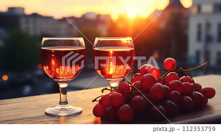 AI-generated content. sunset setting with two glasses of red wine and a wooden plate of fresh grapes 112353759