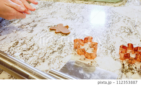 Using various festive cookie cutters, we're cutting out charming gingerbread cookies from the rolled dough on the sleek marble counter, bringing holiday cheer to the modern kitchen. Using various festive cookie cutters, we're cutting out charming gingerbread cookies from the rolled dough on the sleek marble counter, bringing holiday cheer to the modern kitchen. 112353887