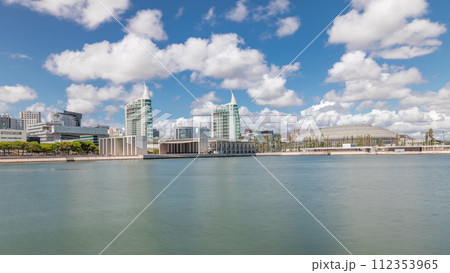 Panorama showing Parque das Nacoes or Park of Nations district timelapse in Lisbon, Portugal. Panorama showing Parque das Nacoes or Park of Nations district timelapse in Lisbon, Portugal. 112353965