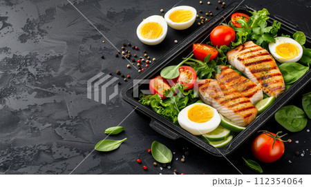 Healthy and appetizing meal prep container with grilled chicken, salad, and boiled egg. 112354064