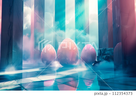 A large orange Easter egg occupies space in a futuristic room. The room appears to be well-lit A large orange Easter egg occupies space in a futuristic room. The room appears to be well-lit 112354373