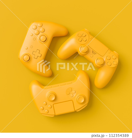 Set of lying gamer joysticks or gamepads on monochrome background 112354389