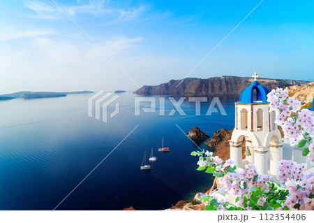 white belfries Santorini island, Greece 112354406