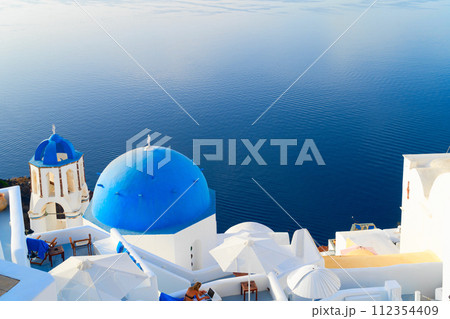 white belfries Santorini island, Greece white belfries Santorini island, Greece 112354409