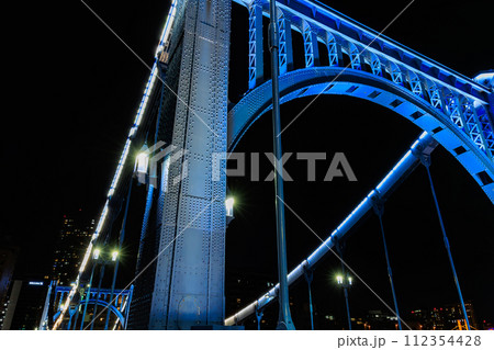 東京　江東区 清澄　隅田川に架かる清洲橋の夜景 112354428