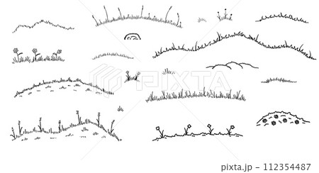 Grass sketch doodle field. Outline summer landscape. Hand drawn line meadow decoration with flower. Cartoon illustration isolated on white background Grass sketch doodle field. Outline summer landscape. Hand drawn line meadow decoration with flower. Cartoon illustration isolated on white background 112354487