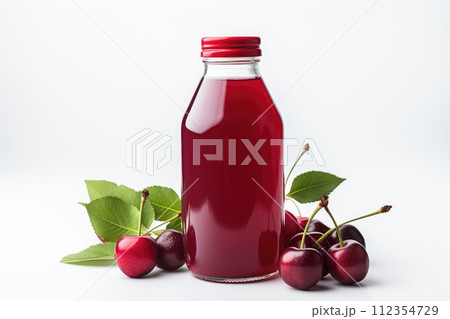 Bottle of fresh cherry juice and cheries lie on a white background isolated Bottle of fresh cherry juice and cheries lie on a white background isolated 112354729