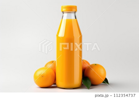 Bottle of fresh orange juice and an orange on a white background isolated 112354737