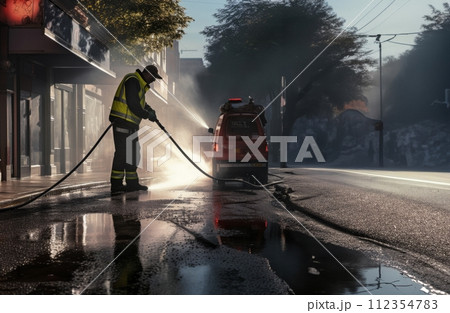 AI-generated content. Urban Renewal: Street Cleaners Prepare the City for a Fresh Day 112354783