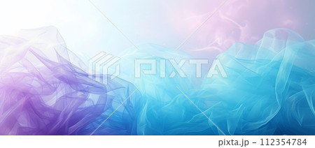 Gentle folds of delicate tulle fabric in soft blue and purple, creating a dream-like backdrop 112354784