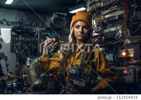 AI-generated content. Woman Working in Electronics Service Surrounded by Modern Computers and Cables.Generated image 112354919