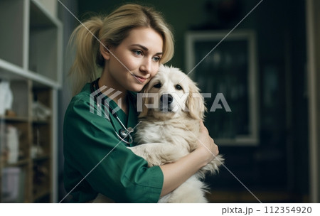 AI-generated content. A veterinarian tenderly embraces a dog in a veterinary clinic, demonstrating compassion and care.Generated image 112354920