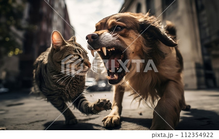 AI-generated content. Street Showdown: Intense Encounter Between Cat and Dog Up Close.Generated image 112354922
