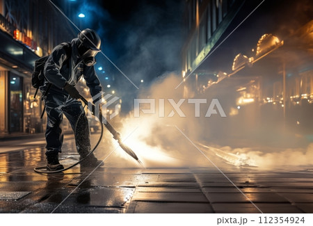 AI-generated content. Urban Renewal: Street Cleaners Prepare the City for a Fresh Day 112354924