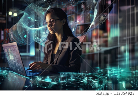 AI-generated content. Woman Hacker Surrounded by Symbolic Holographic Technology.Generated image 112354925