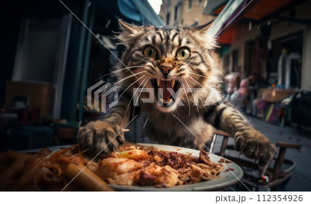 AI-generated content. A hungry cat attacks its food with a wild fury.Generated image 112354926