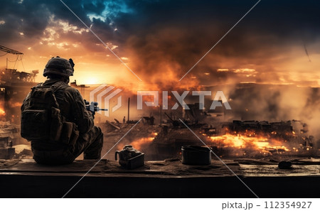 AI-generated content. Techno-Warfare Professional Soldier Engaged with Combat Holograms on Computer.Generated image 112354927