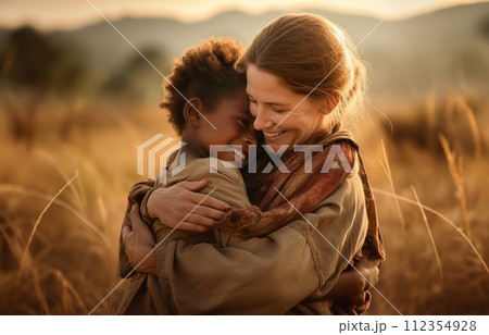 AI-generated content. Cross-Cultural Compassion.European Volunteer Embraces African-American Child in African Desert.Generated image 112354928