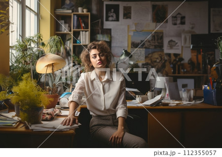 AI-generated content. Fatigued Businesswoman Finding Mental Respite After Long Workday.Generated image 112355057