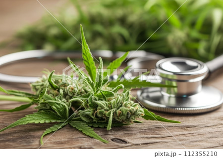 Medicinal hemp background. Cannabis flowering bud and medical stethoscope 112355210